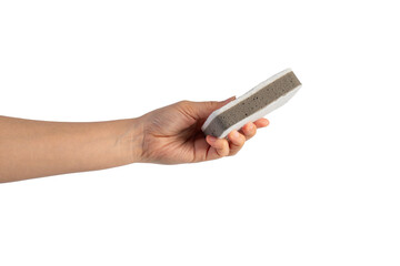 Brush household, cleaning sponge for cleaning and hand on transparent background. 
