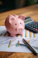 Pink ceramic piggy bank with coin slot on top, surrounded by financial documents, calculator, and pen on wooden desk