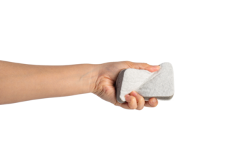 Brush household, cleaning sponge for cleaning and hand on transparent background. 