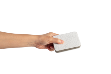 Brush household, cleaning sponge for cleaning and hand on transparent background. 