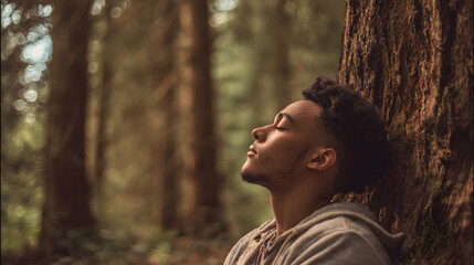 A young man sits leaning against a tree in a forest with his eyes closed, enjoying the peace and quiet of nature.