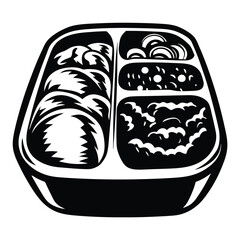 Three Compartment Black and White Meal Tray with Varied Food Items Inside