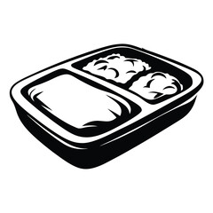 Black and white illustration of a TV dinner style tray with two compartments