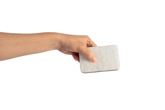 Brush household, cleaning sponge for cleaning and hand on transparent background. 