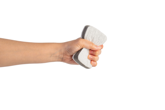 Brush household, cleaning sponge for cleaning and hand on transparent background. 