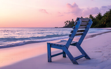 Tropical Beach Sunset withchair background over Ocean Waves with Scenic Seashore. Exotic Paradise Beach Landscape at Sunset Serene
