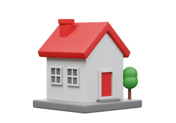 Simple 3d render of a white house with a red roof and a green tree, isolated on a transparent background, representing home and real estate