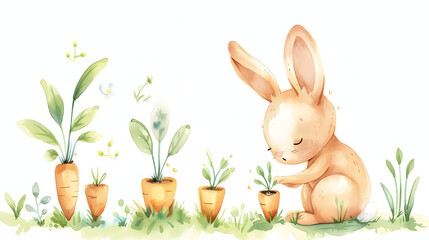 watercolor painting cute baby rabbit planting carrot