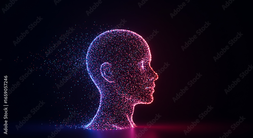 Aufkleber digital mind: a captivating 3d rendering illuminates the delicate form of a human head silhouette, m