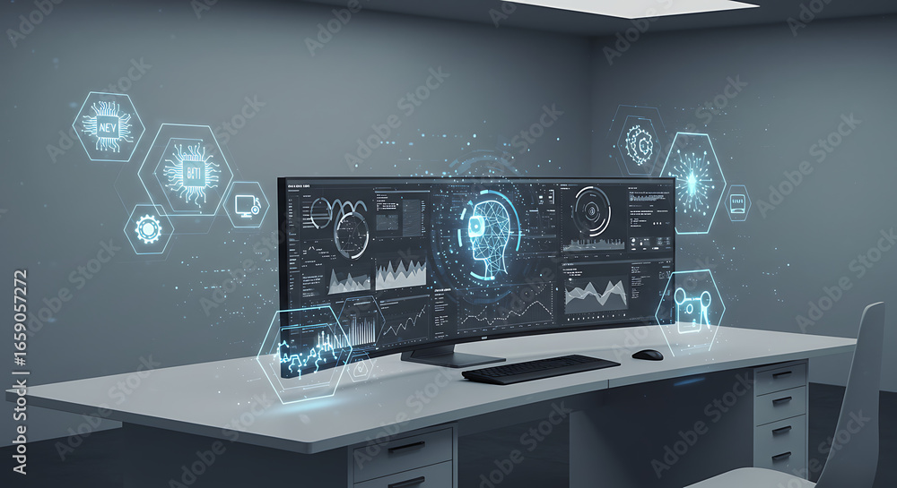 Poster digital workplace visualization: a sleek modern workspace, showcasing a cutting-edge monitor display