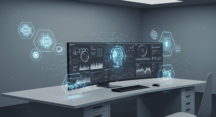 Digital Workplace Visualization: A sleek modern workspace, showcasing a cutting-edge monitor displaying complex data and digital interfaces.