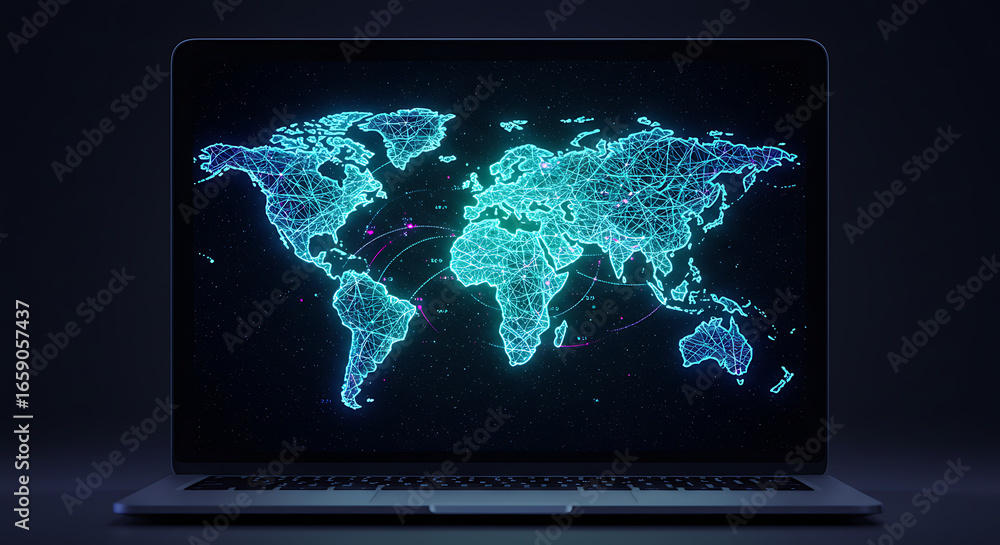 Fototapete global network on display: a modern laptop showcases a mesmerizing digital map of the world, glowing