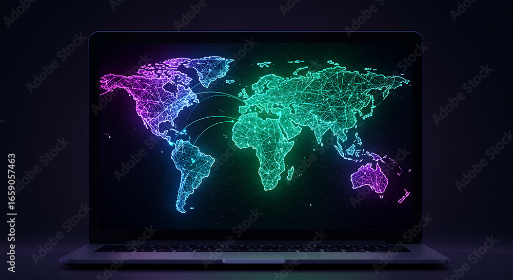 Poster global connections on screen: a digital map of the world glows with vibrant, neon-colored lines, sym