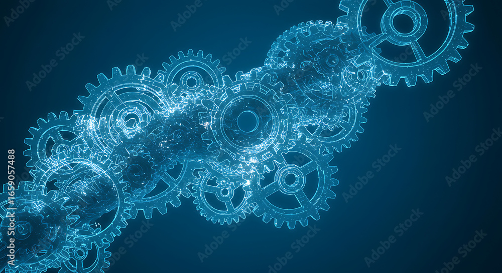 Poster interconnected cogwheels: a close-up showcases an intricate chain of interlocking cogwheels in a cap