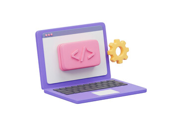 3d illustration of a purple laptop displaying a pink code symbol and a gear icon, signifying software development and it services, isolated on transparent background