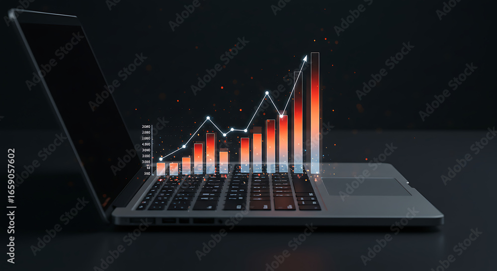 Poster data visualization: an eye-level perspective presents a laptop with a glowing financial chart emergi