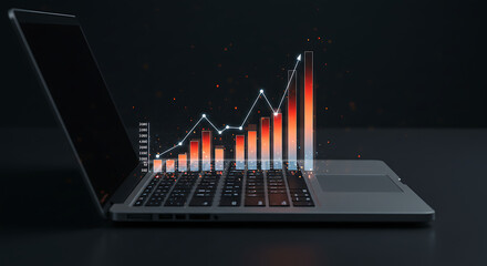 Data Visualization: An eye-level perspective presents a laptop with a glowing financial chart emerging from its keyboard, illustrating the dynamic realm of data analytics and business strategy.