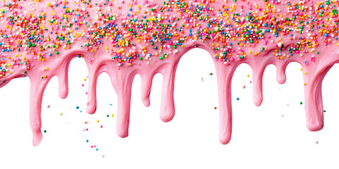 Dripping pink icing with colorful sprinkles on a black background