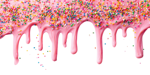 Dripping pink icing with colorful sprinkles on a black background