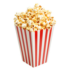 A classic red and white striped container overflowing with delicious golden buttered popcorn, isolated on a white background for movie night.