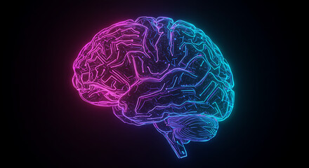 Mind's Neon Symphony: A vibrant neon rendering of the human brain, radiating a sense of innovation, thought, and the enigmatic world of consciousness. 