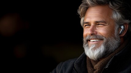 Obraz premium Smiling Older Man with Beard and Earbuds in Dark Background