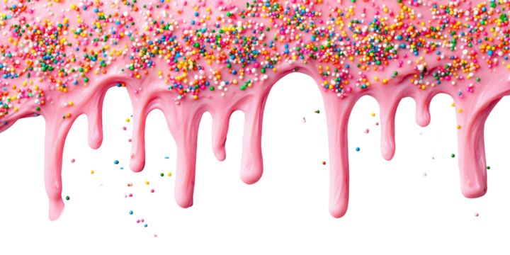 Dripping pink icing with colorful sprinkles on a black background