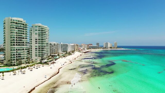 Aeria view of  hotels and beaches in Cancun. Caribbean coast.