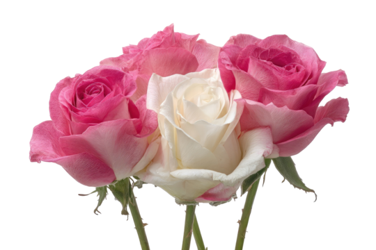 Close-up of three roses, two pink, one white, in a bouquet