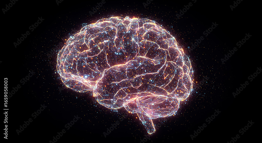Aufkleber digital mindscape: explore the intricate universe within, a luminous digital rendering of the human 