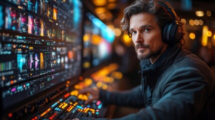 Focused Man Working on Visual Content in Modern Digital Studio