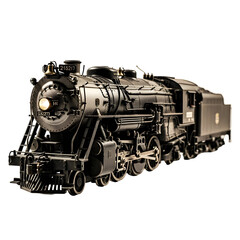 Naklejka premium Intricately detailed miniature model of a classic black steam locomotive, showcasing vintage engineering and historical design with a bright, illuminated headlight.
