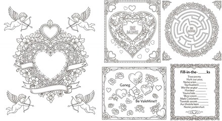 Intricate Valentine's Day Heart Design with Cupids and Romantic Puzzle Elements in Black and White