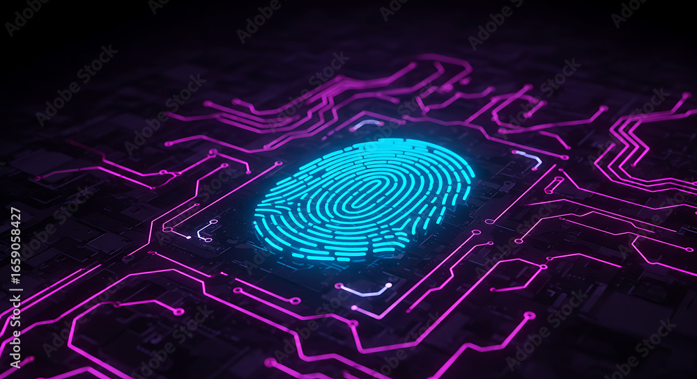 Poster digital biometric authentication: a neon-lit digital fingerprint embedded on a circuit board, repres