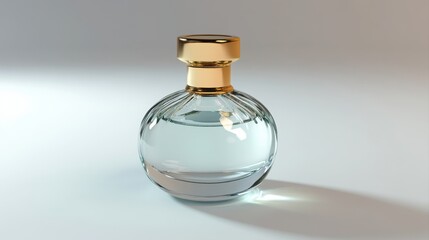 glass perfume bottle with simple gold cap white background natural lighting