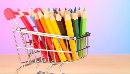 Mini shopping cart with yellow handle filled with neatly bundled colored pencils against a pastel gradient background&mdash;blending creativity, color, and playful repurposing of everyday objects.