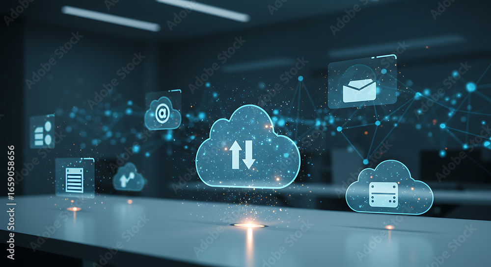 Aufkleber cloud computing abstract: a futuristic, digitally enhanced scene depicting cloud computing, showcasi
