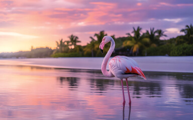 Tropical Beach Sunset with Flamingos and  coconut tree or Palm Tree background over Ocean Waves with Scenic Seashore. Exotic Paradise Beach Landscape at Sunset Serene