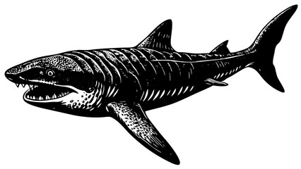 Basking shark gliding gracefully under the sea surface, head angled slightly upward with jaws wide open to capture microscopic plankton