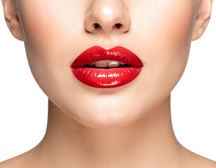 Obraz premium Close-Up of Glossy Red Lips with Lip Gloss Shine, Isolated on Transparent Background PNG