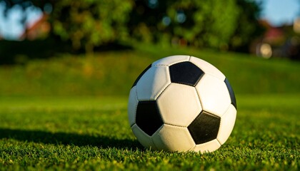 Fototapeta premium Classic black-and-white soccer ball resting on a grassy field with trees in the background—evoking outdoor play, athletic energy, and the universal appeal of the sport.
