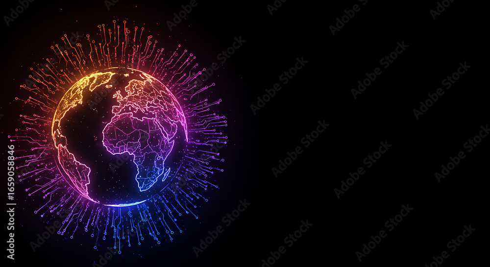 Poster global network: a vibrant representation of earth interconnected by intricate lines, glowing with dy