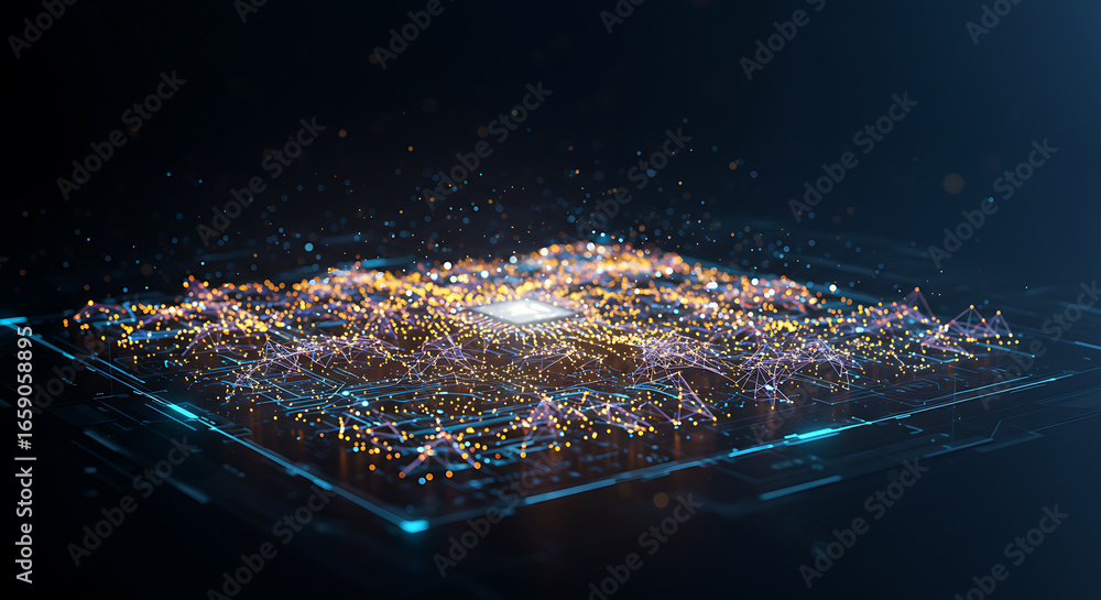 Poster digital cityscape: a dynamic, illuminated representation of a futuristic metropolis, brimming with e