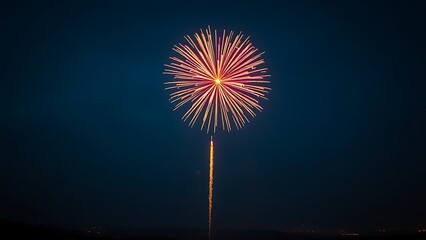 Single firework bursting in red and gold against twilight sky, radiant sparks trailing over distant city lights.