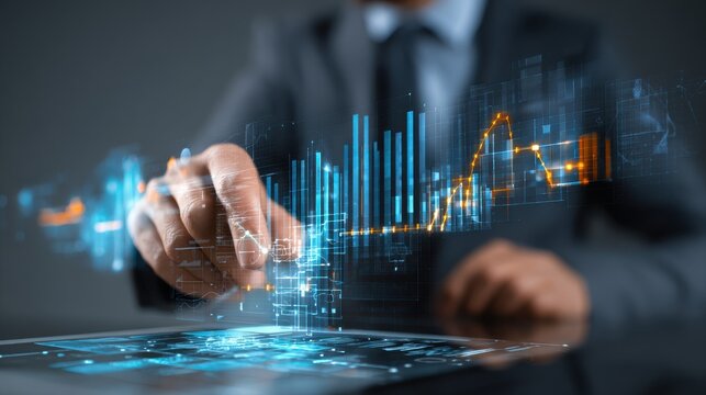 Ai Businessman working with modern interface Business analytics Big data technology and data science. Data flow concept.Business computing digital composite.