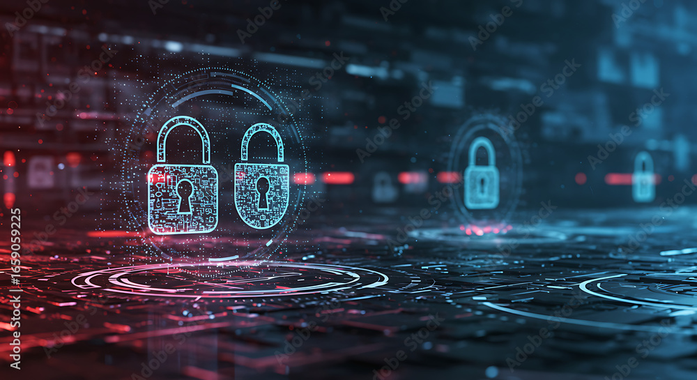 Aufkleber cybersecurity guardians: illuminated padlocks, glowing with protective symbolism, adorn a digital la