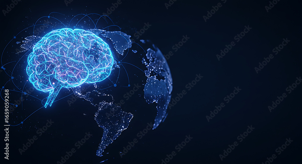 Aufkleber global brain network: a captivating visualization depicting a luminous human brain overlaying the gl