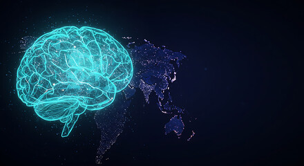Illuminated Brain: A striking digital rendering features a glowing, blue brain superimposed upon a detailed world map, symbolizing global intelligence and interconnected thought.