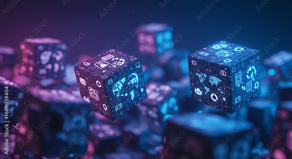 Aufkleber digital cubes in neon: futuristic composition of digitally rendered cubes bathed in vibrant neon lig