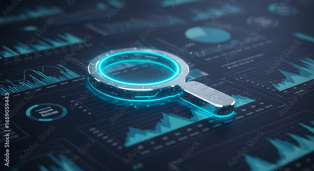 Poster data analytics and insights: a futuristic, tech-inspired graphic of a luminescent magnifying glass h